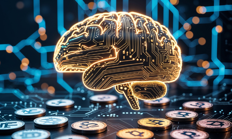 AI crypto tokens concept – blockchain and artificial intelligence fusion illustration.