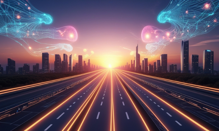 Future of AI and blockchain beyond 2026 – futuristic city and data stream illustration.