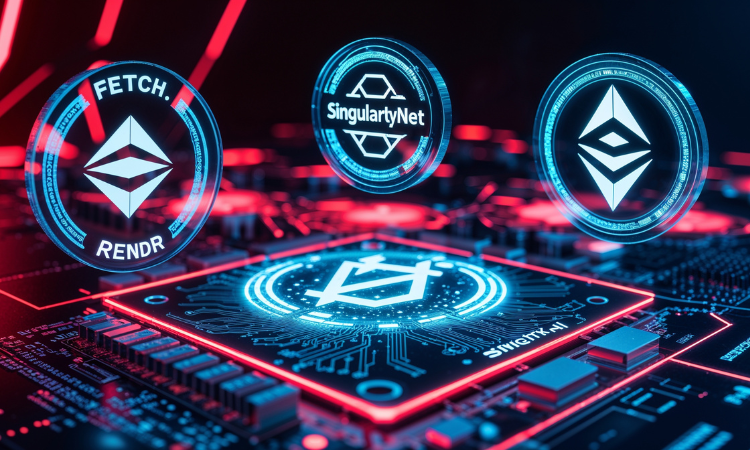 Leading AI crypto tokens 2026 – Fetch.ai, SingularityNET, Render illustration.
